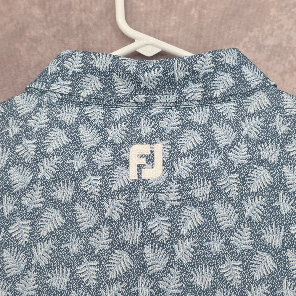 FootJoy Golf Polo Shirt‎ Mens XL Blue White Leaf Print Short Sleeve Performance